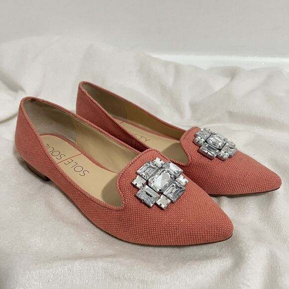Sole Society Shoes Size 10 Orange Coral Canvas So-Libry Flats Rhinestone Pointed - Picture 1 of 9